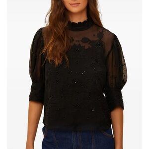 Farm Rio Black Short Sleeve Blouse Beaded Embroidery Ruffles Fairy Whimsigoth S